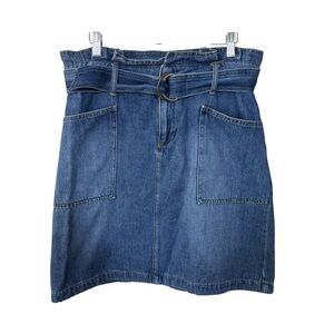Boden Denim Blue Pencil Mini Skirt with Belt Size 12L Ruffle Detailing Everyday
